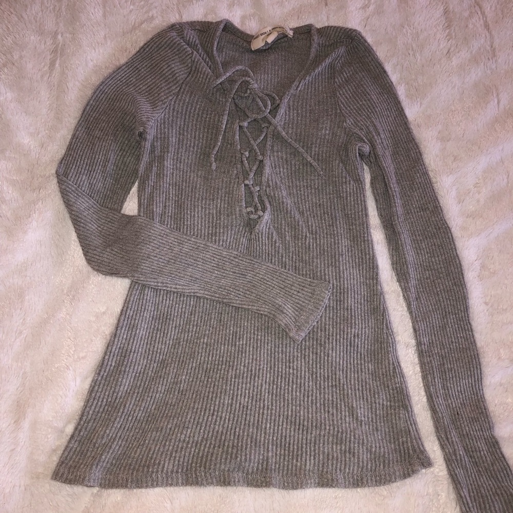 Urban Outfitters Project Social long sleeve grey ribbed tee, lace up front